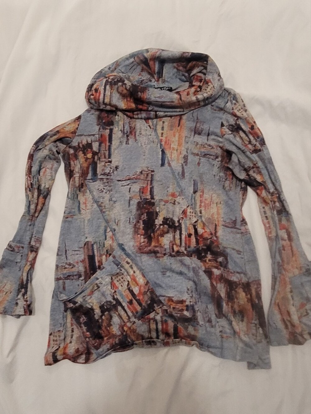 Light Blue Abstract Print Cowl Neck Women's Sweater